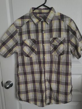 Casual Short-Sleeve Plaid Button-Down Shirt - Purple/Yellow/White